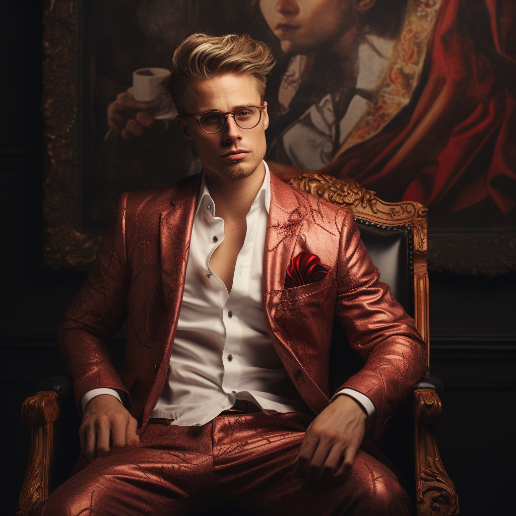 Sebastian Tianbini casually sitting in an ornate antique chair, wearing an expensive silky suit, looking simultaneously stylish and disheveled.