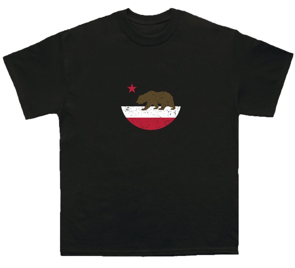 A t-shirt and graphic depicting a variation of the California flag. The design omits the text "California Republic" and the grass under the bear.