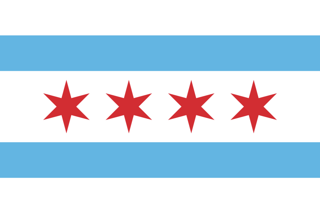 Flag of the city of Chicago, comprised of five horizontal bands, white, light blue, white, light blue, and white. The middle white band contains four six-sided red stars.