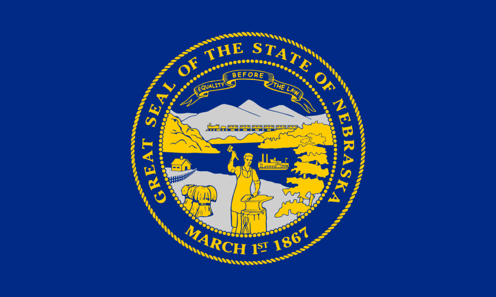 Flag of the U.S. state of Nebraska, which displays the detailed state seal, depicting agriculture, and transportation by ferry and train.